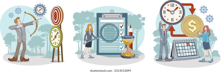 Set of different workers complete tasks successfully. Man holds bow and hits target. Cartoon male and woman planning working hours. Flat vector illustration in blue colors