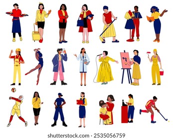 Conjunto de diferentes mujeres trabajadoras en el fondo blanco, ilustración de mujer de Profesional, diferentes tipos de ocupación. 