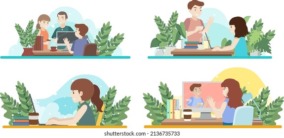 Satz unterschiedlicher Arbeitsplätze in flachfarbigem Bild