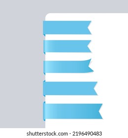 Set of different wrapping blue labels on white backdrop and gray background. Wrap ribbon decoration collection