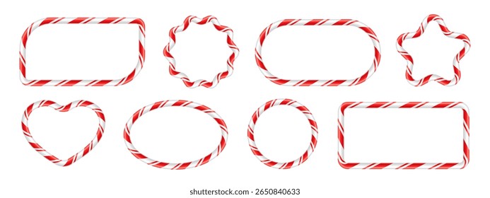Set of different xmas cane candy frames. Realistic cane border vector frames