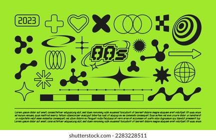 Set with different Y2k elements for design.Trendy geometric brutalism forms, memphis elements. Simple shapes forms, symbols and frames y2k style.