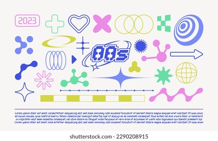 Mit verschiedenen Y2k Elementen für Design.Trendy geometrischen Brutalismus Formen, Memphis Elemente. Einfache Formen, Symbole und Rahmen y2k Stil.