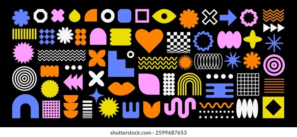 Set with different Y2k elements for design.Trendy geometric brutalism forms, memphis elements. Simple shapes forms, symbols and frames y2k style.
