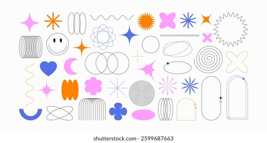 Set with different Y2k elements for design.Trendy geometric brutalism forms, memphis elements. Simple shapes forms, symbols and frames y2k style.