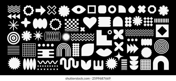 Set with different Y2k elements for design.Trendy geometric brutalism forms, memphis elements. Simple shapes forms, symbols and frames y2k style.