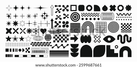 Set with different Y2k elements for design.Trendy geometric brutalism forms, memphis elements. Simple shapes forms, symbols and frames y2k style.