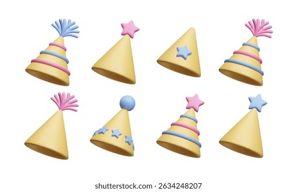 Set of different yellow birthday hats 3D style vector icon set isolated on white. Cute cartoon style birthday caps: striped, with colorful stars and tassels. Happy birthday celebration party decor.