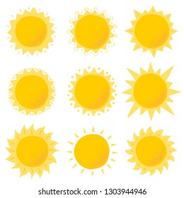 set of different yellow color suns isolated on white, hand drawn style vector illustration.