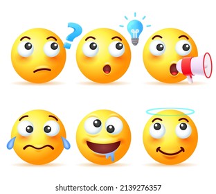 Set of different yellow emoji isolated on white background. Vector 3d illustration.