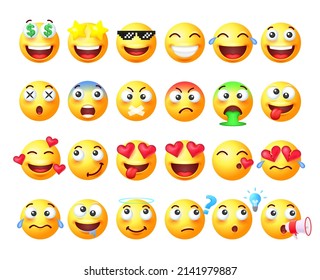 Set of different yellow emoji isolated on white background. Vector 3d illustration.