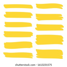 Set different yellow highlighter marker strokes. Brush pen underline lines. Vector illustration.