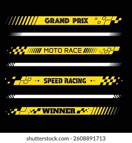 Set of different yellow horizontal checkered logos for sport car decals and different moto racing designs