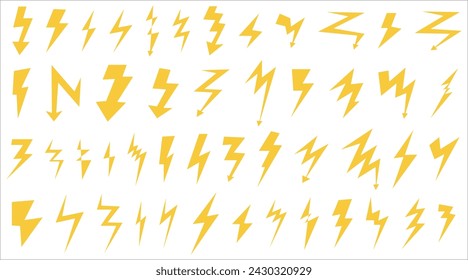 Conjunto de diferentes iconos de relámpagos amarillos. Icono simple de tormenta o trueno y rayo. Ilustración vectorial aislada sobre fondo blanco en estilo plano. Estilo retro Y2k.