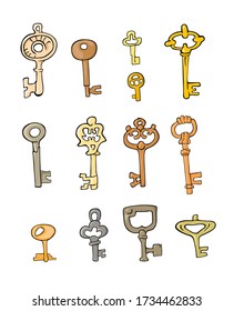Un conjunto de diferentes teclas de metal amarillo dibujadas en un vector