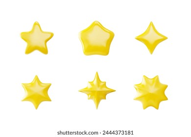 Set aus verschiedenen Gelbstern-Formen realistisches 3D-Design. Vektorgrafik Hochglanzabzeichen, Win Award, gute Bewertung. Etikett mit der besten Qualität. Goldene Bewertung Star Volume-Symbol, Leistung für Spiel UI App-Schnittstelle