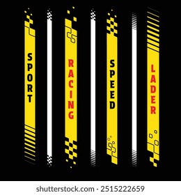 Set of different yellow vertical checkered logos for sport car decals and different moto racing designs