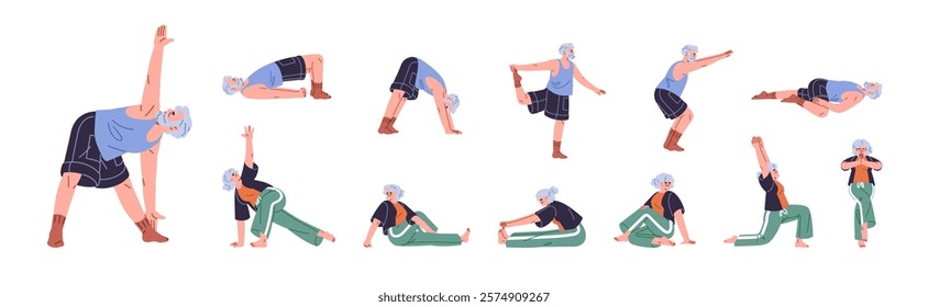 Set of different yoga poses for seniors. Old man and woman practice asanas, do gymnastic exercises. Elderly people training, stretch in workout. Flat isolated vector illustrations on white background