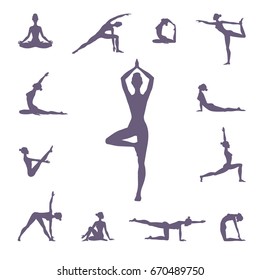Set of different yoga poses, vector silhouettes illustration on white background.