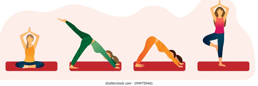 Set of different yoga poses, woman practicing yoga, healthy life concept, flat vector illustration