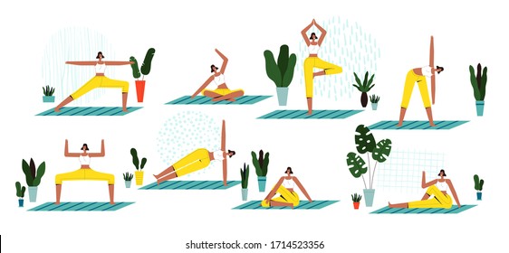 Set of different yoga poses. A young woman practices yoga on a rug. The concept of a healthy lifestyle and sports activity at home