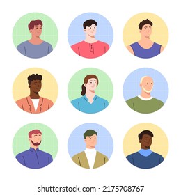Set of different young boys avatar in flat design