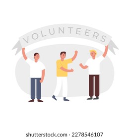 Set of different young cartoon characters volunteering. Young men holding signboard. Humanitarian aid organization members. Social active youth. Vector