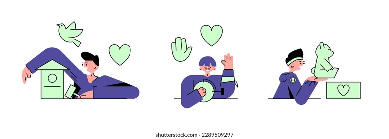 Set of different young cartoon characters volunteering. Concept of social active youth and charity. Helping animals and people. Humanitarian aid organization. Saving ecosystem together. Vector