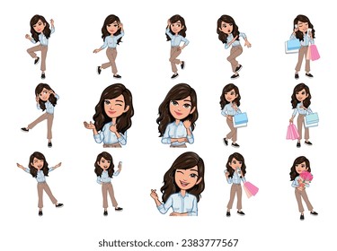 Conjunto de diferentes caracteres de expresiones femeninas jóvenes. Colección de sentimientos de las mujeres. Hermoso emoji de chica con diversas emociones. Collage del retrato de una linda dama en ilustración vectorial.