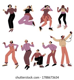 Set of different young happy dancing people in headphones. Vector illustration in the flat cartoon style.
