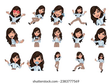 Set of different young lady expressions character. Collection of female feelings. Beautiful girl emoji with various emotions. Collage of cute woman portrait in vector illustration.