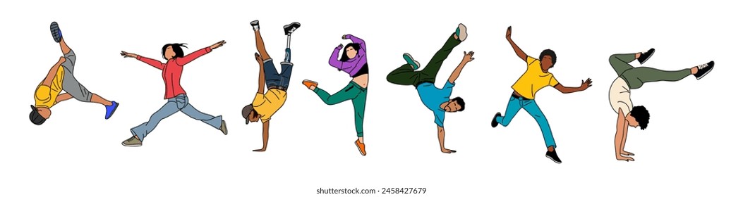 Conjunto de diferentes bailarines jóvenes de ambos sexos en movimiento de break-dance estilo libre. Breakdance, hip-hop, street style, poses de baile deportivo. Ilustraciones coloridas de Vector plano aisladas sobre fondo blanco.