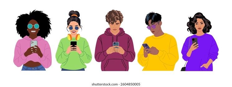 Set of different young People holding, using mobile phones. Colorful flat vector illustrations isolated on white background