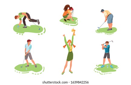 Set of different young people playing golf on the grass. Vector illustration in flat cartoon style