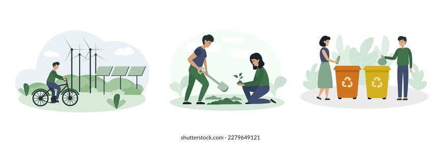 Set of different young people taking care of nature. Cartoon characters living in eco green city. Social charity activities. Volunteers working together. Vector