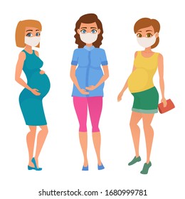 Set of different young pregnant woman in white medical face mask, pregnancy female belly expecting beautiful future mother character. Vector illustration.