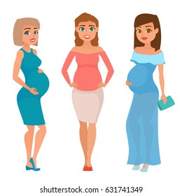Set of different young pregnant woman, pregnancy female belly expecting beautiful future mother character. Fashion look with different hairstyles and clothes. Vector illustration.
