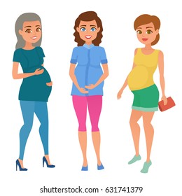 Set of different young pregnant woman, pregnancy female belly expecting beautiful future mother character. Fashion look with different hairstyles and clothes. Vector illustration.