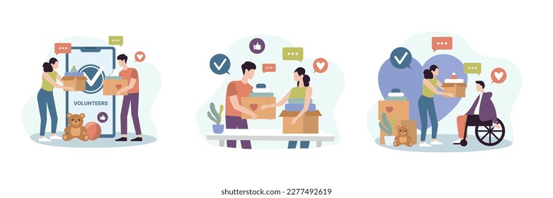 Set of different young volunteers helping other people. Cartoon characters from humanitarian aid organization giving free food and medicine to people. Charity and donations. Vector
