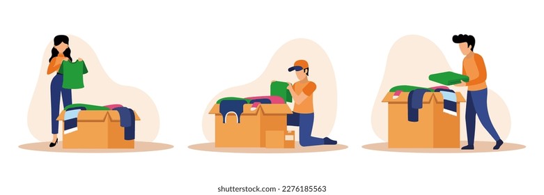 Set of different young volunteers packing clothes for charity. Humanitarian aid organization. Preparing boxes with donations. Social active youth. Vector