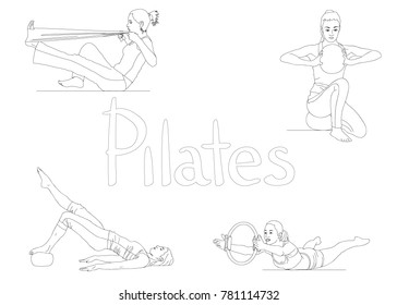 Set of different pilates poses. Young woman exercising while pilates training.