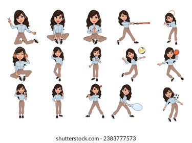 Set of different young woman expressions character. Collection of female feelings. Beautiful girl emoji with various emotions. Collage of cute lady's portrait in vector illustration.