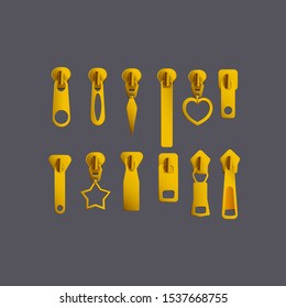 Set of different zipper pullers or fastener clasp metal element 3d realistic vector illustration isolated on grey background. Fashion accessories in various shapes.