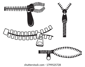 Conjunto de diferentes cremalleras. Colección de cremallera metálica abierta y cerrada. Tipo postal del logotipo. Accesorios para ropa. Ilustración vectorial de la conexión en un fondo blanco.
