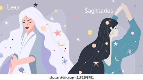 A set of different zodiac signs. Women against the background of a star pattern. The fantasy image is familiar to the zodiac. Vector illustration is suitable for horoscope, astrology. Leo, Sagittarius