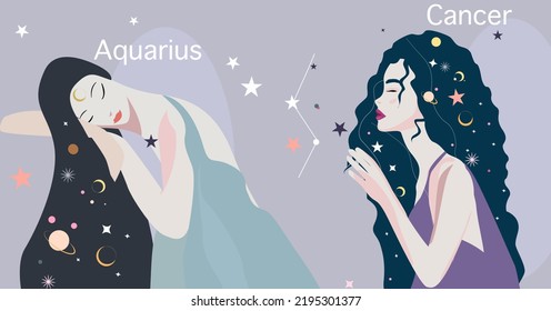 A set of different zodiac signs. Women against the background of a star pattern. The fantasy image is familiar to the zodiac. Vector illustration is suitable for horoscope, astrology.