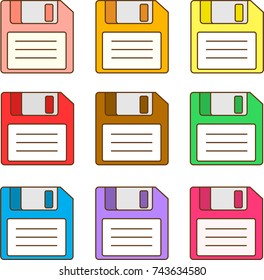 Set of differently colored floppy disks 
