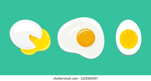 Set of differently cooked eggs. Poached egg, fried egg, hard boiled egg. Fresh delicious cooked eggs. Yummy breakfast. Vector hand drawn illustration.