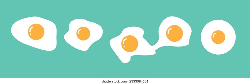 Eine Reihe anders gekochter Eier. Ganzes Ei, roh, gebratenes Ei, hartgekochtes Ei. Frisch gekochte Eier. Leckeres Frühstück. handgezeichnete Vektorgrafik