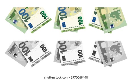 A set of differently curved EU paper money. Green banknotes of 100 euros, and in black and white on a white background